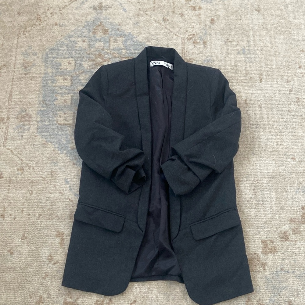 Ruched sleeve long blazer